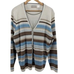 Alfred Dunner Sz 2X Striped Sweater Cardigan Top One Piece Faux Twin Set USA